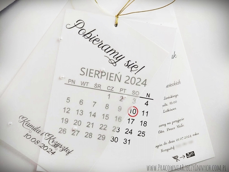 Zaproszenia z kalendarzem, kalką i perełkami (4)