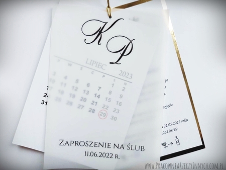 Glamour zaproszenie w formie karty z kalką i kalendarzem (1)