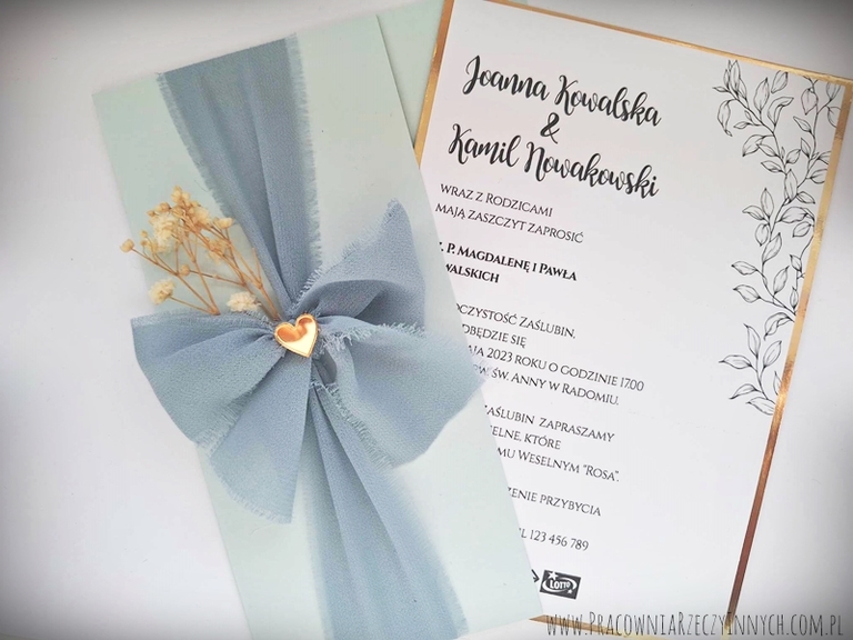 Eleganckie zaproszenia ze wstążką szyfonową na Ślub (24)